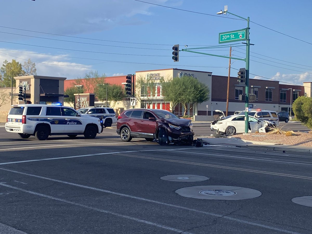 20th ST and Indian School where officers with Glendale Police say they were conducting surveillance on a vehicle involved in a felony offense. The vehicle fled, crashed into two vehicles, minor injuries, suspect arrested