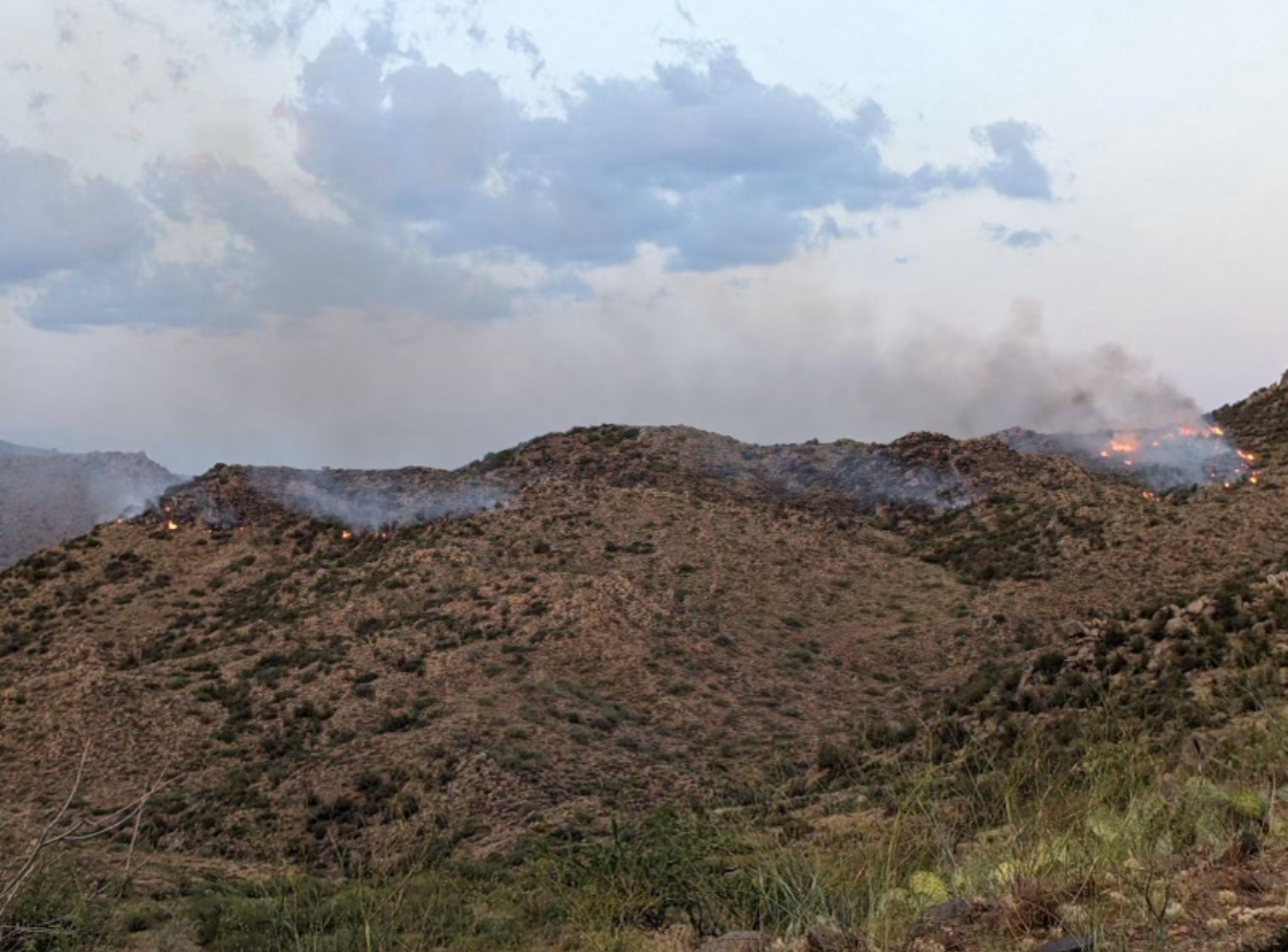 Fire activity has quieted down. One piece on west side burning up &amp; back into the black. Overhead monitoring the fire at this time due to the remote location and inaccessible terrain. Very low risk to transmission lines. Some resources on standby if necessary. Aircraft also ThompsonFire continues to burn W. of Skull Valley in Yavapai County. 94-acre fire started 