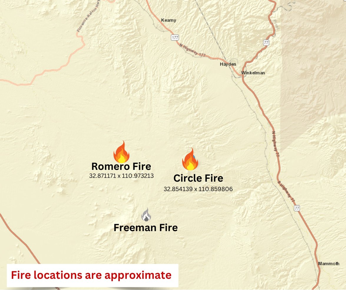 CircleFire estimated at 200 acres and burning at the base of Antelope Peak. Fire is backing through grass and brush.  with approximate location in comments. RomeroFire : Fire is burning in grass and brush with an estimated size of 2,000 acres. Fire is spreading to the West and North. Those in the surrounding area should expect to see fire activity through the night.   