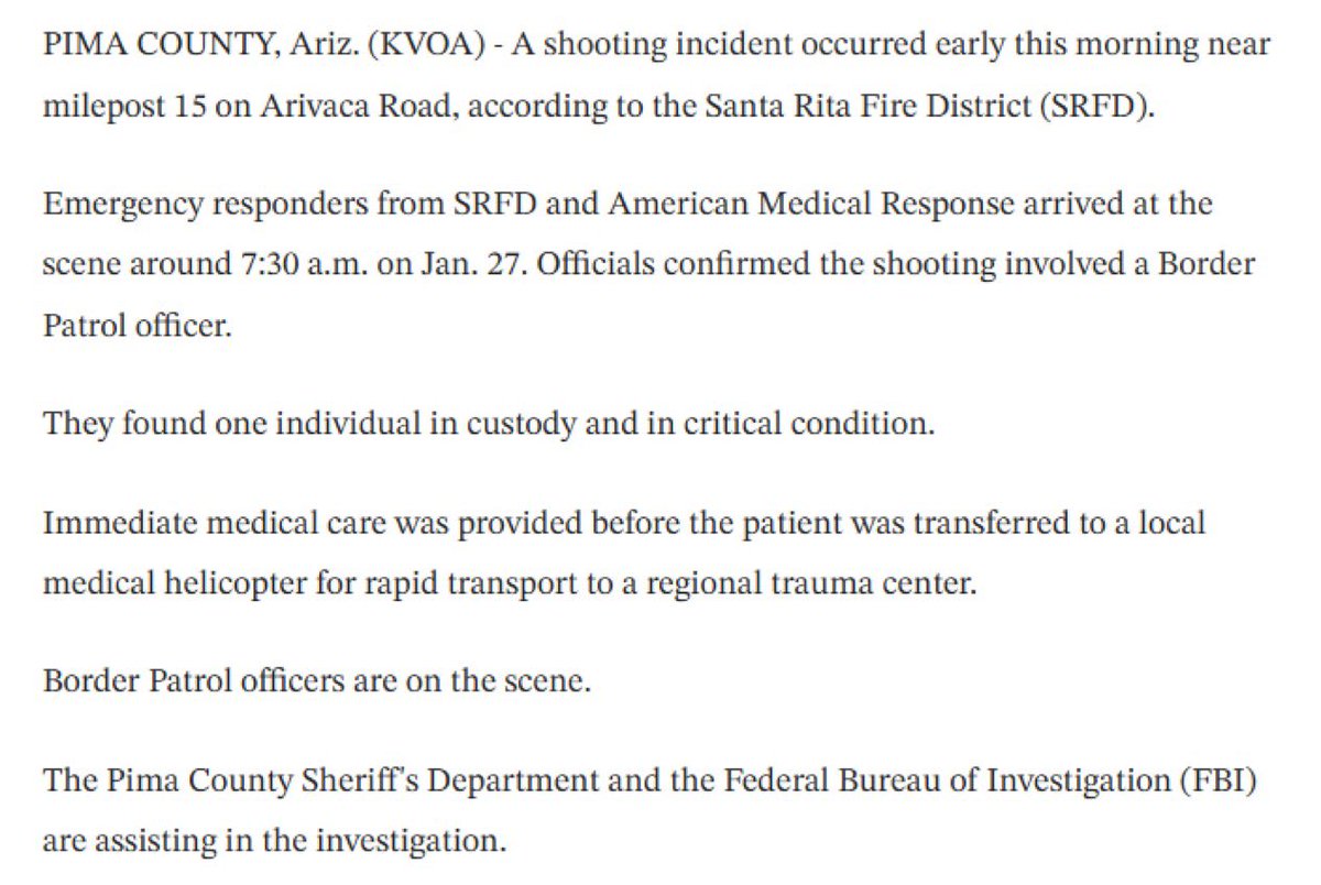 An individual is in critical condition following a shooting involving a Border Patrol officer on Arivaca Road in Pima County, Arizona