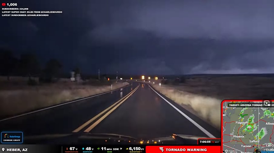 A tornado was reported on the ground near Overgaard, Arizona, with possible damage noted in a post about a large stovepipe tornado captured north of Heber-Overgaard